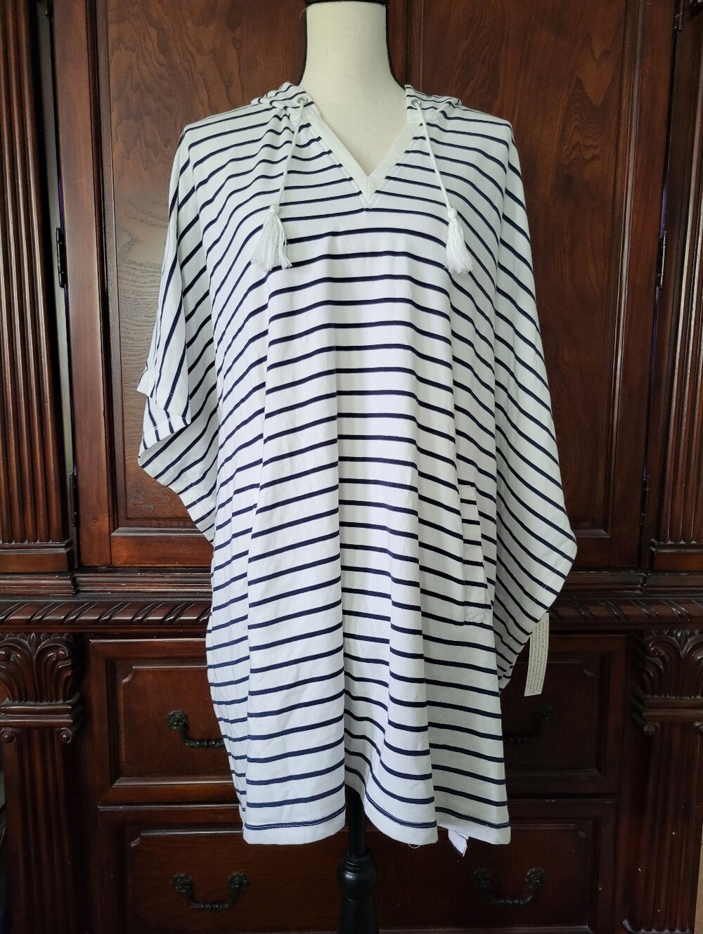 Ambernoon Black and White Striped Hooded Cover-Up